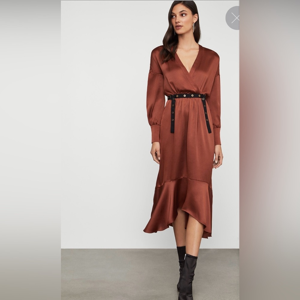 BCBGMaxAzria Brown Gown with Plunge Neckline and Bishop Sleeves